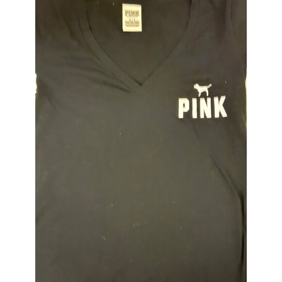 Victorias Secret Pink Black V-Neck T-Shirt With Striped Sleeves Womens Size S - Picture 3 of 11
